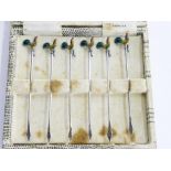 A SET OF SIX SILVER AND ENAMEL COCKEREL COCKTAIL STICKS, BIRMINGHAM 1930, CASED