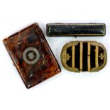 A VICTORIAN SILVER INLAID TORTOISESHELL CARD CASE, 10.5CM L, A VICTORIAN BRASS MOUNTED PLUSH COVERED