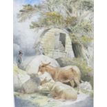 ENGLISH SCHOOL, 19TH C, ROMANEYS AND THEIR ANIMALS, INDISTINCTLY SIGNED, WATERCOLOUR, 38 X 28CM