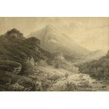 JAMES BOURNE (1773-1854) SNOWDONIA LANDSCAPE WITH TWO FIGURES ON A PATH, watercolour, en