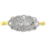 A DIAMOND CLUSTER RING IN GOLD, MARKED PLAT 18CT, 2.25G, SIZE O++CHIP TO ONE DIAMOND