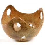 STUDIO POTTERY. RETICULATED STONEWARE OVOID FORM, 1980, MOTTLED BROWN GLAZE, 20CM H, INCISED