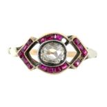 A VICTORIAN DIAMOND AND RUBY RING IN GOLD, UNMARKED, 2.85G, SIZE L 1/2++TWO RUBIES MISSING; BUILD UP