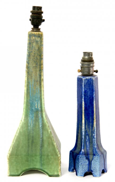 TWO RUSKIN POTTERY TABLE LAMPS, C1930 AND C1932, MOULDED HEXAGONAL OR SQUARE, STREAKY MOTTLED BLUE
