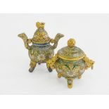 TWO CHINESE GILT BRASS AND CLOISONNÉ ENAMEL INCENSE BURNERS AND COVERS, 15 AND 18CM H, 20TH C