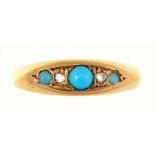 A TURQUOISE AND DIAMOND RING IN 18CT GOLD, 1.95G, SIZE N 1/2++DATE LETTER RUBBED; IN OUR OPINION THE