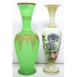 A GREEN OPAL GLASS VASE, WITH RAISED GILT DECORATION, 35CM H AND A CONTEMPORARY ENAMELLED OPALESCENT