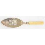 A GEORGE III SILVER FISH SLICE, BONE HAFTED, LONDON 1786