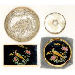A STRATTON COMPACT MIRROR AND CASED POCKET CALCULATOR, A MOTHER OF PEARL SILVER BOX AND A SMALL