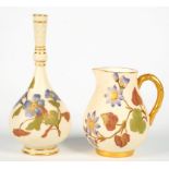 A ROYAL WORCESTER IVORY GROUND PERSIAN BOTTLE SHAPED VASE AND SPARROW BEAK JUG, DECORATED WITH