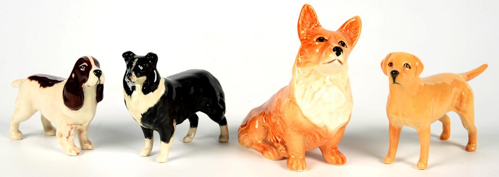FOUR BESWICK MODELS OF DOGS, 10CM H AND SMALLER, PRINTED MARK, CORGI UNMARKED