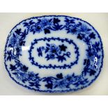 A DAVENPORT MADRAS PATTERN FLOW BLUE MEAT DISH, 42CM L, IMPRESSED AND PRINTED MARKS, C1869