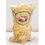 A COPELAND AND GARRETT BEAKER SHAPED VASE, PAINTED WITH PANELS OF FRUIT AND FLOWERS ON A PRIMROSE