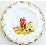 A ROYAL CROWN DERBY PLATE, PRINTED AND PAINTED WITH A HUNTING SCENE, 26.5CM D, PRINTED MARK, MID