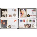 FOUR MEDALLIC COMMEMORATIVE FIRST DAY COVERS, COMPRISING GOLD (9CT), SILVER CROWN (2) AND HALF CROWN