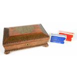 A VICTORIAN CUT BRASS INLAID ROSEWOOD PLAYING CARD BOX OF SARCOPHAGUS SHAPE WITH BEADED RIMS, THE