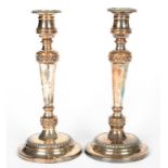 A PAIR OF OLD SHEFFIELD PLATE CANDLESTICKS WITH GUILLOCHE BORDERS, 29.5CM H, EARLY 19TH C