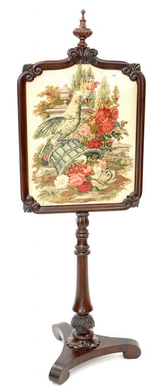 A VICTORIAN ROSEWOOD POLE SCREEN, THE NEEDLEWORK BANNER FEATURING A PARROT AND FLOWERS, 155CM H