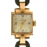 AN OMEGA 9CT GOLD LADY'S WRISTWATCH, BIRMINGHAM 1947, 19 X 16 MM, 16G++WATCH RUNNING; WEAR TO DIAL