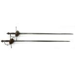 A PAIR OF 19TH C STYLE CUP HILT RAPIERS, BLADE LENGTH 91CM