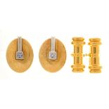 A PAIR OF DIAMOND SET GOLD CUFF LINKS, UNMARKED, AND ANOTHER PAIR OF GOLD CUFF LINKS, UNMARKED, 23.