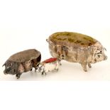 THREE EDWARD VII SILVER PIG NOVELTY PIN CUSHIONS, LARGEST 11CM L, ALL BIRMINGHAM, 1903 AND 1907