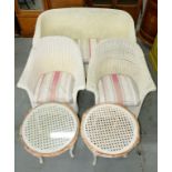 A THREE PIECE WICKER CONSERVATORY SUITE, LATER PAINTED WHITE AND A PAIR OF OCCASIONAL TABLES