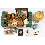 TWO TERRESTRIAL GLOBES, A REPRODUCTION BRASS ARMILLARY SPHERE, DECORATIVE BRASS AND OTHER METALWARE,