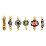 SIX 9CT GOLD RINGS, VARIOUSLY GEM SET, 20.3G, SIZES N, P++GOOD CONDITION