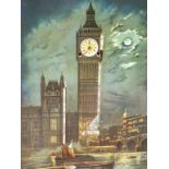 A LATE 19TH C PICTURE CLOCK OF BIG BEN AND THE PALACE OF WESTMINSTER, OIL AND MOTHER OF PEARL ON