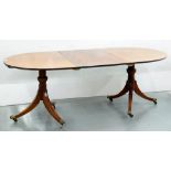 A GEORGE III STYLE MAHOGANY TWIN PILLAR DINING TABLE, 74CM H; 210 X 97CM