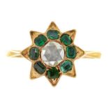 A GEM SET CLUSTER RING IN GOLD AND SILVER, INDISTINCTLY MARKED, 2.5G, SIZE L½++ABRASION TO FACETS