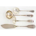 A VICTORIAN SILVER CREAM LADLE, FIDDLE PATTERN, EXETER 1856 AND THREE OTHER ITEMS OF SILVER