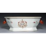 A CHINESE EXPORT PORCELAIN ARMORIAL SOUP TUREEN, C1755, with boar's head handles, enamelled to