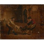 BRITISH NAIVE ARTIST, EARLY 19TH C, A DOG FIGHT, oil on canvas, 20 x 25cm, unframed ++In entirely