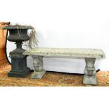 A CAST IRON GARDEN VASE, 80CM H AND A RECONSTITUTED STONE GARDEN BENCH