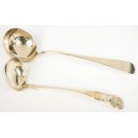 A GEORGE III SILVER SAUCE LADLE, OLD ENGLISH PATTERN, LONDON 1790 AND A SCOTTISH SILVER TODDY LADLE,