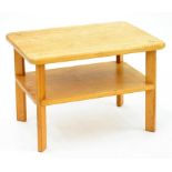 GLYNN DAVIES AN ARTS AND CRAFTS LIGHT OAK TWO TIER OCCASIONAL TABLE, 48CM H; 49 X 68CM, SIGNED AND
