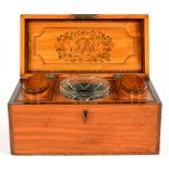 A GEORGE III SATINWOOD, ROSEWOOD AND LINE INLAID TEA CADDY, THE FITTED INTERIOR WITH PAIR OF OVAL