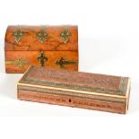 A VICTORIAN WALNUT STATIONERY BOX, APPLIED WITH ENGRAVED BRASS STRAPWORK, 21CM L AND AN ANGLO-INDIAN