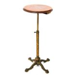 A VICTORIAN ADJUSTABLE GILT IRON STAND WITH WALNUT TOP, 28CM D