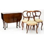 A VICTORIAN MAHOGANY GATELEG TABLE AND THREE CARVED MAHOGANY DINING CHAIRS