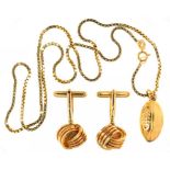 A 9CT GOLD RUGBY BALL PENDANT AND NECKLET AND A PAIR OF 9CT GOLD KNOT CUFF LINKS, 5.4G++GOOD