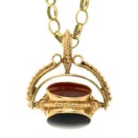 AN AGATE SET GOLD SWIVEL FOB, UNMARKED, ON A 9CT GOLD CHAIN, 54CM, 17G++GOOD CONDITION