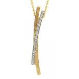 A DIAMOND PENDANT FORMED OF TWO OVERLAPPING LINES OF PLAIN GOLD OR EVENLY SIZED DIAMONDS, IN 9CT