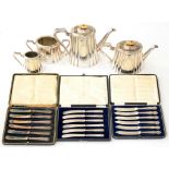 A VICTORIAN FOUR PIECE BRITANNIA METAL TEA AND COFFEE SERVICE OF CAN SHAPE AND THREE CASED SETS OF