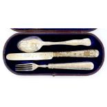 AN EARLY VICTORIAN SILVER THREE PIECE CHRISTENING SET, SHEFFIELD 1845, MOROCCO CASE