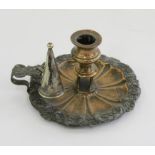 A SHEFFIELD PLATE CHAMBER CANDLESTICK AND EXTINGUISHER, 16CM D, EARLY 19TH C, A CAST AND SILVERED