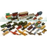 A COLLECTION OF DIE CAST AND TINPLATE TOYS INCLUDING SEVERAL PRE WAR DINKY TOYS, MINIC BUS AND