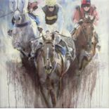 SALLY MARTIN, RACE HORSES, MIXED MEDIA ON CANVAS, 80 X 80CM, UNFRAMED